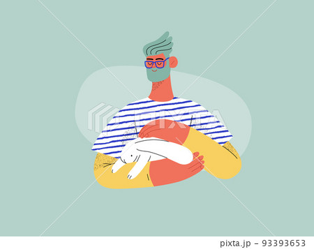 Relaxing shopping - Online shopping and electronic commerce series - modern flat vector concept illustration of a man holding a bunny in his arms. Promotion, discounts, sale and online orders concept 93393653