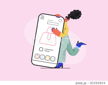 Shopping application - Online shopping and electronic commerce series - modern flat vector concept illustration of a woman with her mobile phone. Promotion, discounts, sale and online orders concept 93393654