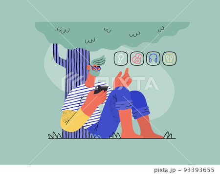 Online shopping -electronic commerce series -modern flat vector concept illustration of a man sitting relaxing under the tree outside and shopping. Promotion, discounts, sale and online orders concept 93393655
