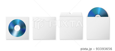 Vector 3d Realistic Blue CD, DVD with Paper Cover, Envelope, Case Isolated. CD Box, Packaging Design Template for Mockup. Compact Disk Icon, Front View 93393656