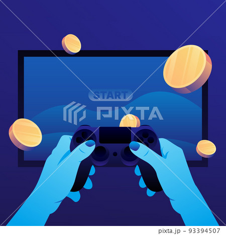 Play to Earn. Joystick, TV and Cryptocurrency Coins Illustration Play to Earn. Joystick, TV and Cryptocurrency Coins Illustration 93394507