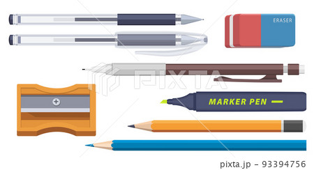 Collection set of staionery marker pen pencil eraser and pencil sharpener 93394756