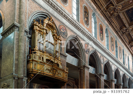 Church pipe organ and decorations inside the Cathedral in Naples, Italy. Church pipe organ and decorations inside the Cathedral in Naples, Italy. 93395762