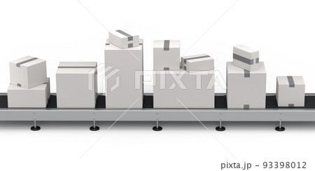 Airport luggage conveyor belt or manufacture line with cardboard boxes on white 93398012