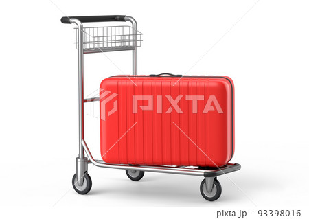 Regular suitcase on hotel trolley cart for carrying baggage on white background 93398016