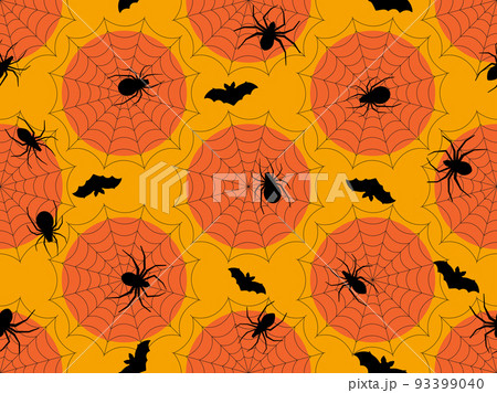 Halloween seamless pattern with cobwebs and spiders, bats in black on an orange background. Festive design for print, wrapping paper and banners. Vector illustration 93399040