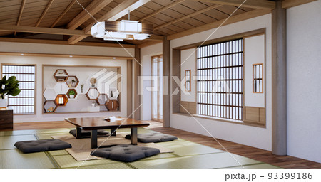 Zen room interior wooden wall on tatami mat floor, low table and armchair.3D rendering Zen room interior wooden wall on tatami mat floor, low table and armchair.3D rendering 93399186