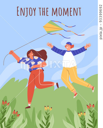 Happy couple flying kite together in the park or field, poster template with text, flat vector illustration. 93399692