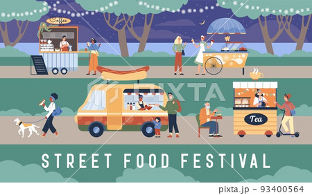 Street food festival banner, people have fun outdoors on summer night, flat vector illustration. Street food festival banner, people have fun outdoors on summer night, flat vector illustration. 93400564