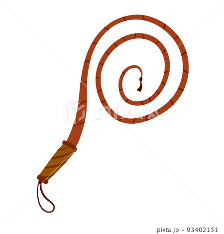 Whip for training an animal. Long cord. Horsewhip of Wild West. Flat cartoon. Concept of slavery, submission and domination Whip for training an animal. Long cord. Horsewhip of Wild West. Flat cartoon. Concept of slavery, submission and domination 93402151