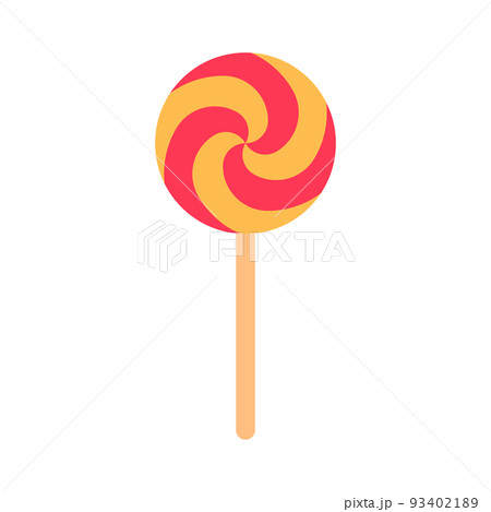 Colorful lollipop flat icon isolated on white background. Bright fun holiday striped sweet. Yellow swirl object. Childhood symbol Kids party design decoration. Birthday stick candy vector illustration 93402189