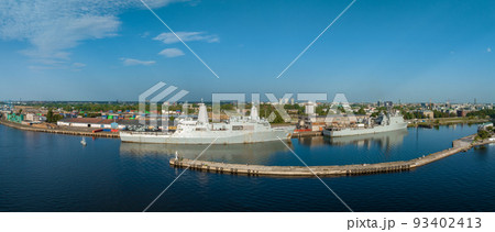 Riga, Latvia.August 23, 2022. Combat ships of NATO countries in the port of Riga during the exercises. Protecting Baltic states with NATO ships.Aerial view. Riga, Latvia.August 23, 2022. Combat ships of NATO countries in the port of Riga during the exercises. Protecting Baltic states with NATO ships.Aerial view. 93402413