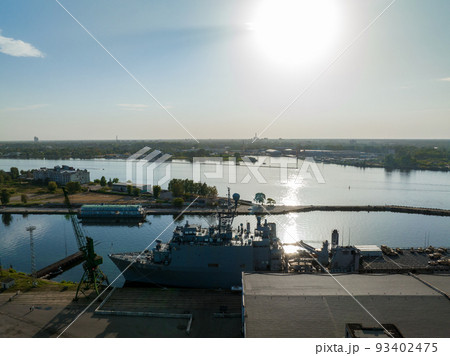 Riga, Latvia.August 23, 2022. Combat ships of NATO countries in the port of Riga during the exercises. Protecting Baltic states with NATO ships.Aerial view. Riga, Latvia.August 23, 2022. Combat ships of NATO countries in the port of Riga during the exercises. Protecting Baltic states with NATO ships.Aerial view. 93402475