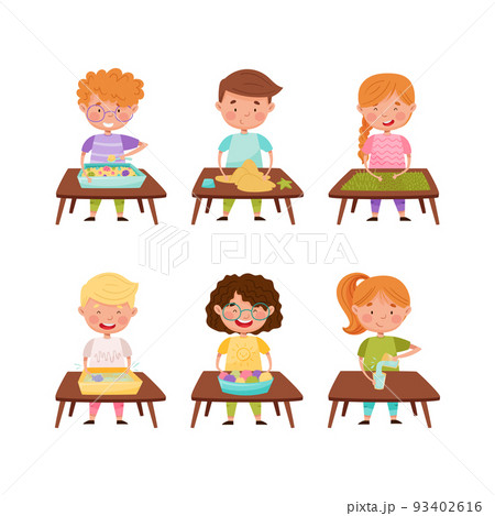 Cute kids standing at table and playing with... - Stock Illustration  [93402616] - PIXTA