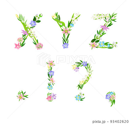Meadow flowers alphabet. X, Y,Z English capital letters made of flowers and green leaves cartoon vector illustration Meadow flowers alphabet. X, Y,Z English capital letters made of flowers and green leaves cartoon vector illustration 93402620