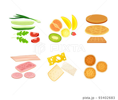 Sandwiches and pancakes constructors set. Meat, cheese, vegetables and fruit sliced ingredients cartoon vector illustration i Sandwiches and pancakes constructors set. Meat, cheese, vegetables and fruit sliced ingredients cartoon vector illustration i 93402683