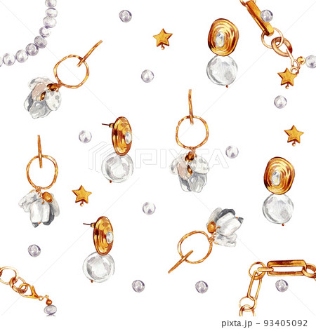 Watercolor illustration of fashion. Seamless pattern with gold jewelry with baroque pearls. Necklace with river baroque pearls, pearl earrings, bracelet, pendants. Handmade watercolor illustrations. 93405092