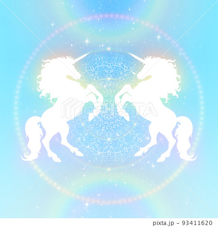ターコイズブルーと虹を背景にした2頭のユニコーンのシルエットイラスト素材 ターコイズブルーと虹を背景にした2頭のユニコーンのシルエットイラスト素材 93411620