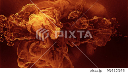 Paint in water. Color smoke blast. Fire flame heat. Hot blaze. Orange red ink explosion glow on dark steam cloud abstract art background. 93412366