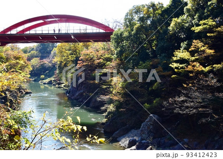 群馬県みどり市　渡良瀬川高津戸峡の紅葉と高津戸橋 93412423