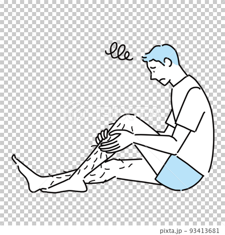足のすね毛を見て悩む若い男性 足のすね毛を見て悩む若い男性 93413681
