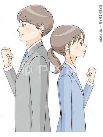 横向き 男女 スーツ アニメ風 ガッツポーズ 背中合わせのイラスト素材