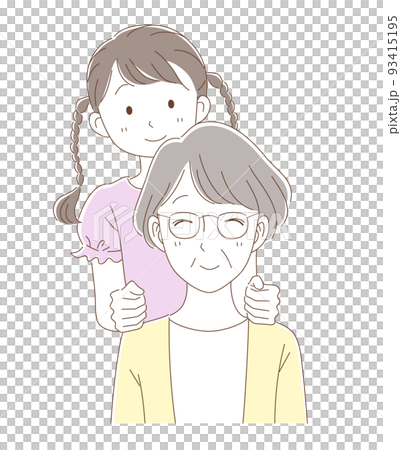 Grandson tapping grandma's shoulder Grandson tapping grandma's shoulder 93415195