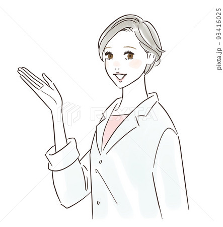笑顔で案内する白衣の女性医師のイラスト 93416025