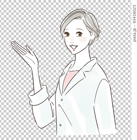 Illustration of a female doctor in a white coat guiding with a smile 93416025