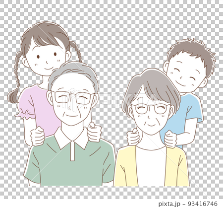 祖父母の肩たたきをする孫 93416746