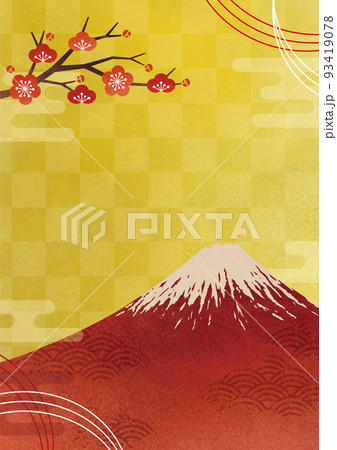 赤富士と梅と金箔の背景和柄水彩縦 93419078
