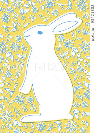 版ずれ風のうさぎと花と植物の線画の年賀状イラスト 93421802