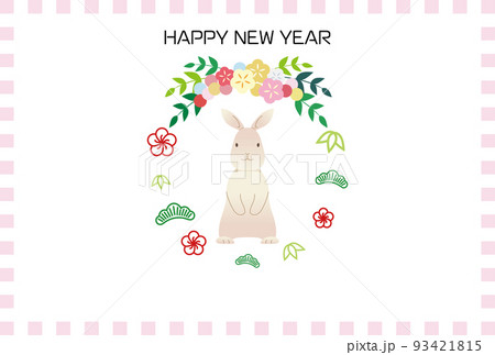 うさぎ、花の飾り、松・竹・梅のアイコンを丸く並べたフレームの年賀状（賀詞あり） 93421815