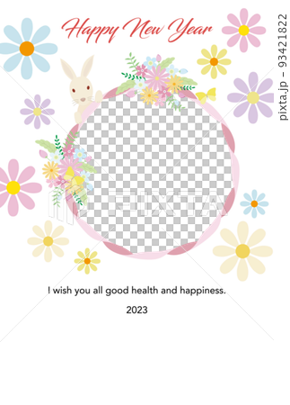 うさぎと花、花の飾り付きのリボンがフォトフレームになっている年賀状イラスト(賀詞・添え書きあり) うさぎと花、花の飾り付きのリボンがフォトフレームになっている年賀状イラスト(賀詞・添え書きあり) 93421822