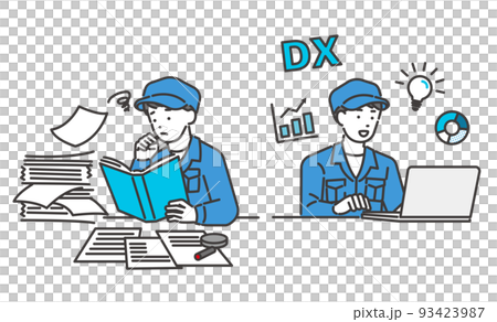 Vector illustration material of workers whose work has become more efficient with DX / architecture / IT / logistics / DX / consulting 93423987