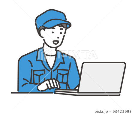 パソコンで仕事をするつなぎの作業員のベクターイラスト素材/建築/IT/物流/DX パソコンで仕事をするつなぎの作業員のベクターイラスト素材/建築/IT/物流/DX 93423993