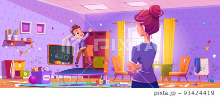 Woman looks at messy kids room and boy Woman looks at messy kids room and boy 93424419