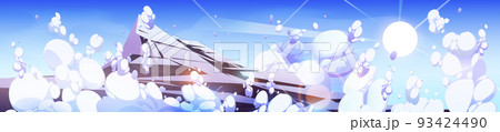 Mountain peak above clouds in blue sky with sun 93424490