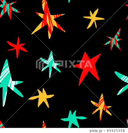 Stars and eyes on a black background seamless pattern. Multicolored abstract background. Children drawing. For printing on fabric and paper. Vector illustration. Stars and eyes on a black background seamless pattern. Multicolored abstract background. Children drawing. For printing on fabric and paper. Vector illustration. 93425358