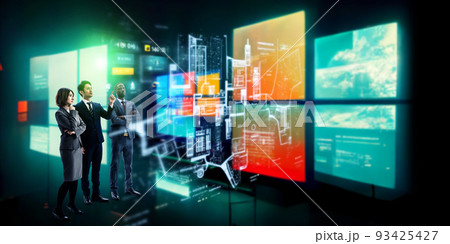 近未来のサイバー空間でホログラム画面を見るグローバルなビジネスグループ 93425427