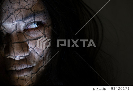 Close up face of Asian woman ghost or zombie horror creepy scary Close up face of Asian woman ghost or zombie horror creepy scary 93426171