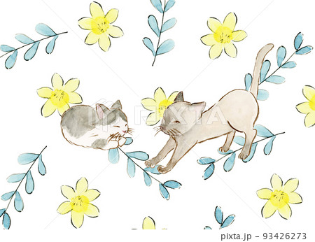 2匹の猫と花のイラスト素材 [93426273] - PIXTA