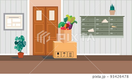 Delivery Service and apartment relocation. Vector residential Corridor with doors. Interior of the 1st floor Hallway.  Vector illustration of cartoon room or hallway for background, print, web. 93426478