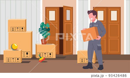 Delivery Service and apartment relocation. Vector residential Corridor with doors. Interior of the 1st floor Hallway.  Vector illustration of cartoon room or hallway for background, print, web. 93426486