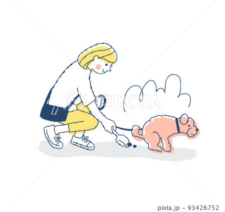 散歩中に犬のフンを拾う女性 93426752