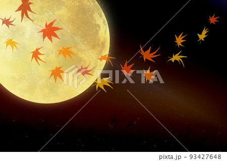 秋の満月と十五夜に舞い散る紅葉とススキ 秋の満月と十五夜に舞い散る紅葉とススキ 93427648