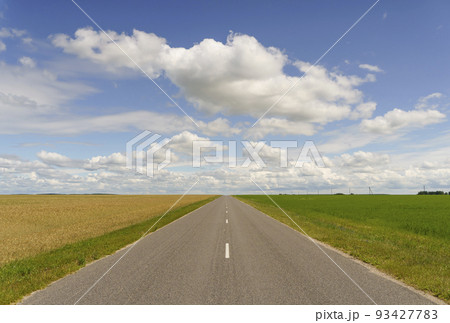Country road in summer landscape of field, forest and sky. Rural landscape with highway background. Country road in summer landscape of field, forest and sky. Rural landscape with highway background. 93427783
