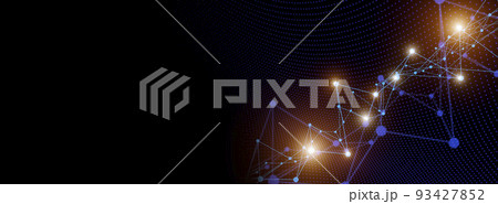 Science technology banner background. Abstract neon geometric network on empty black backdrop. Data, Ai, internet concept. 93427852