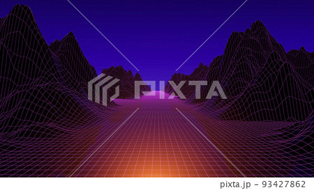 3d neon futuristic landscape with grid and mountains. Synthwave, cyberpunk, 80s game concept background.  93427862