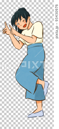 Woman pointing with both hands Blue 93430976